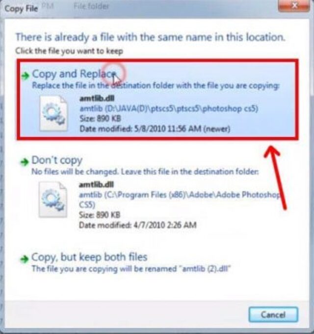 Adobe Photoshop CS5 Thay thế file cũ bằng cách nhấp copy and replace