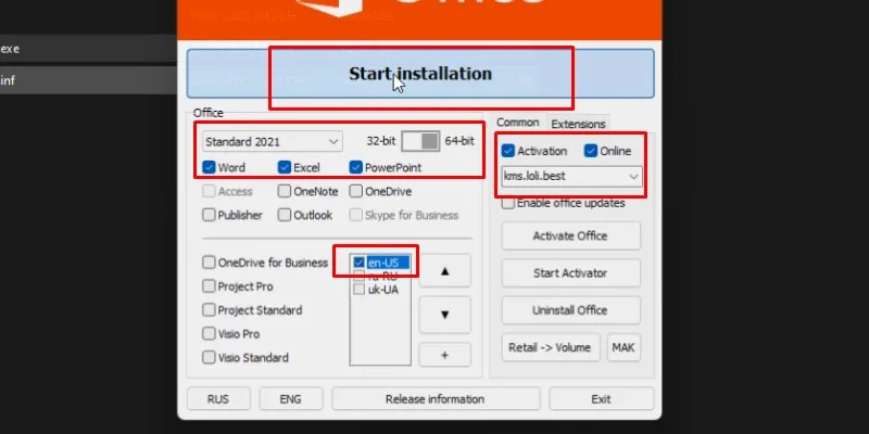 tích chọn như hình và bấm Start installation
