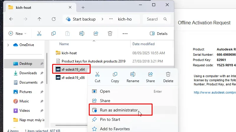 Chạy file xf-adesk 19x64 bằng quyền Admin