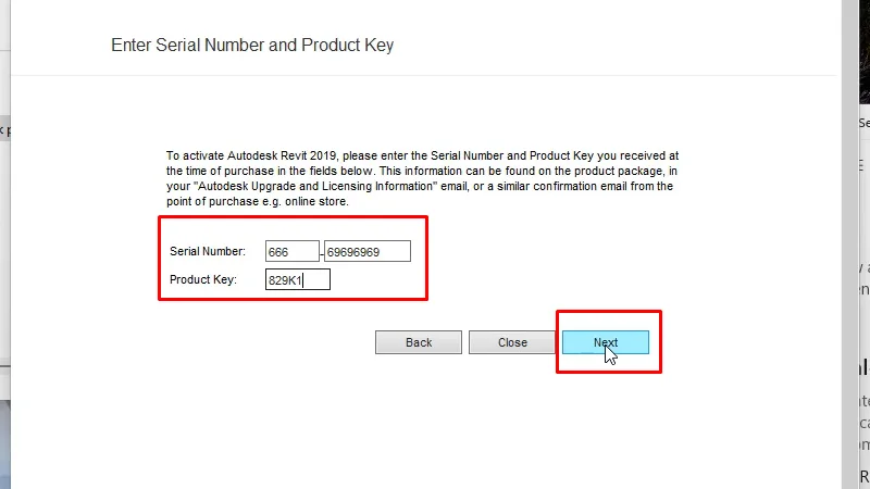 Serial Number: 666 -69696969, Product key: 829k1 và bấm Next